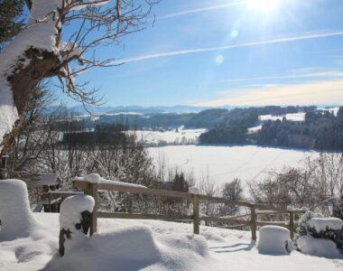 Verschneite Aussicht vom Wohlfühlgarten des Hotel Zur Rose auf die Allgäuer Alpen. Klarer Himmel, glitzernder Schnee und ein beeindruckender Bergblick.